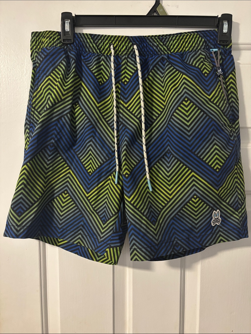 Psycho Bunny Men's Blue & Green Geo Print Swim Trunks Size Large